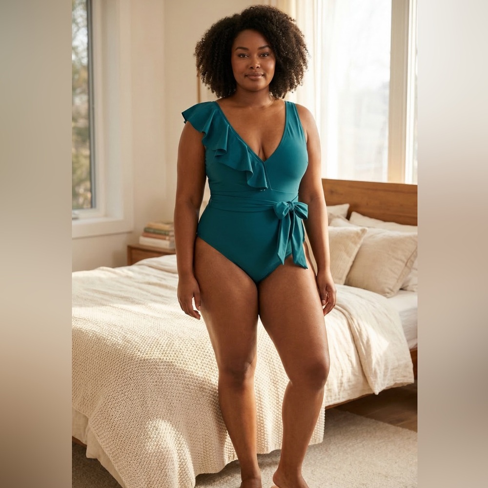 Cupshe Teal One-Shoulder Ruffle Tie Waist One-Piece Swimsuit